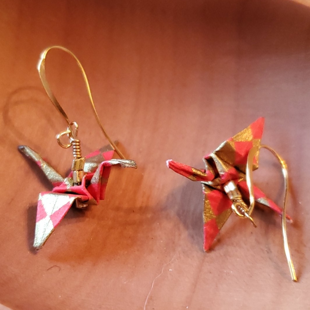 Hand Made Orange and Gold Paper Origami Earrings